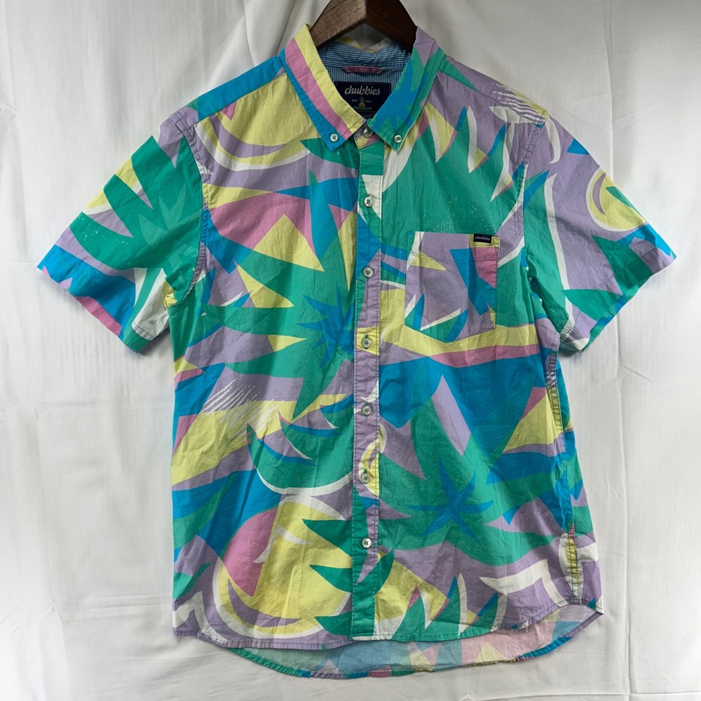 Chubbies Button Down Shirt Mens Medium Multi-Color Abstract Palm Retro Short Slv